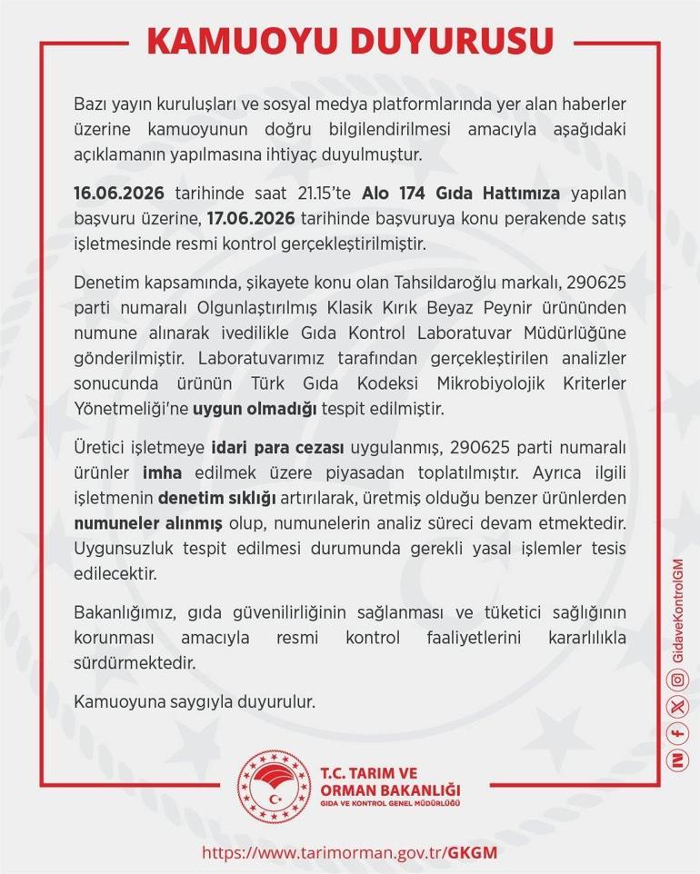 Tahsildaroğlunun şikayetlere neden olan beyaz peynir ürünü piyasadan toplatıldı