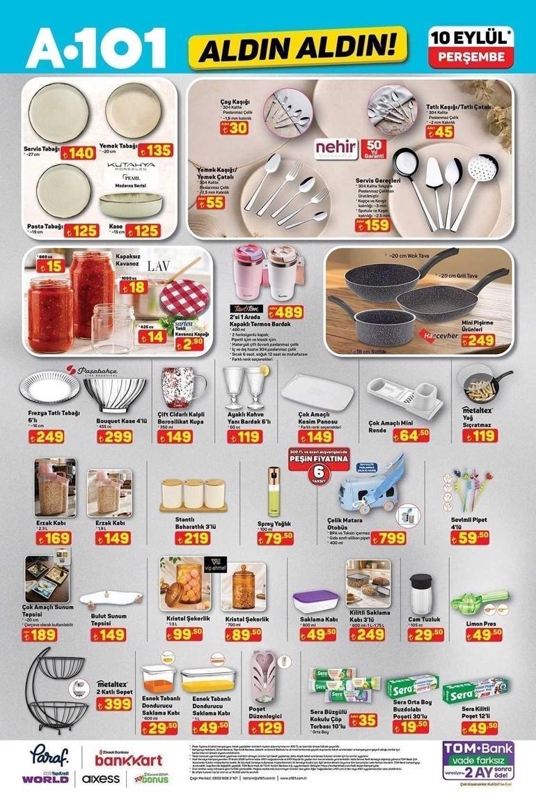 YARIN 10 EYLÜL A101 KATALOĞU SATIŞTA A101 Aldın Aldın 10 Eylül aktüel kataloğunda hangi ürünler satışa çıkacak Çelik Matara Otobüs, Stant Baharatlık 3lü, Erzak Kabı, Kristal Şekerlik, Çok Amaçlı Sunum Tepsisi...