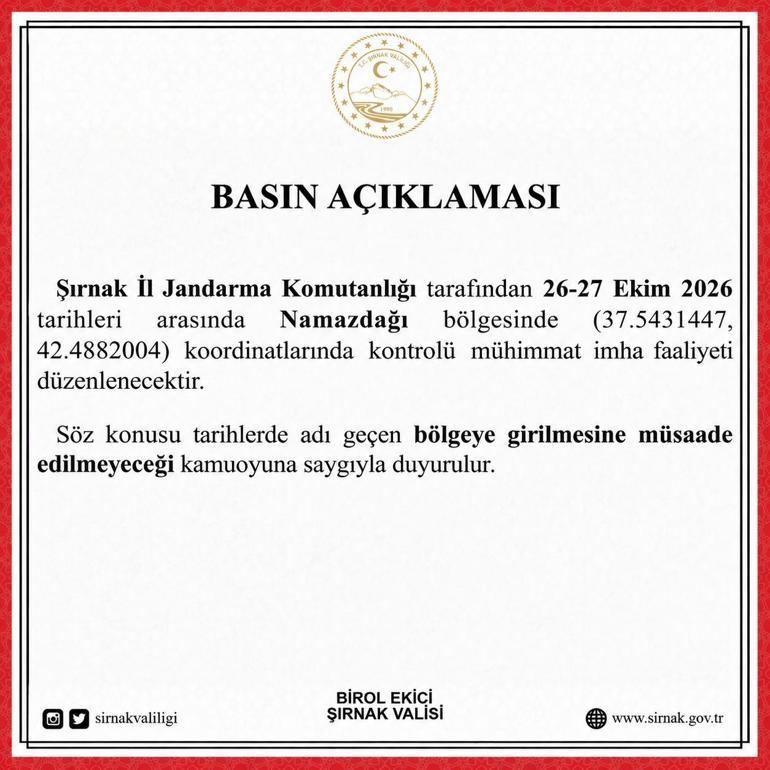 Valilik duyurdu: Şırnakta kontrollü mühimmat imha faaliyeti gerçekleştirilecek
