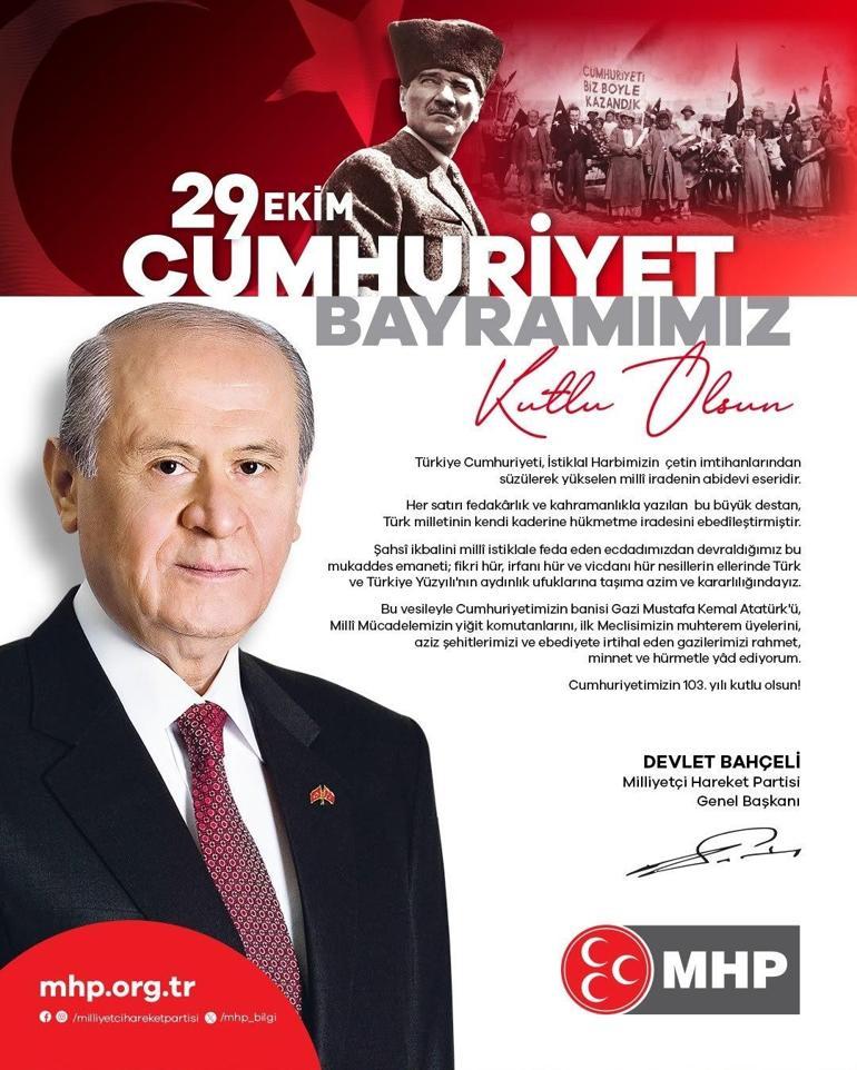 MHP Lideri Bahçeliden 29 Ekim Cumhuriyet Bayramı mesajı