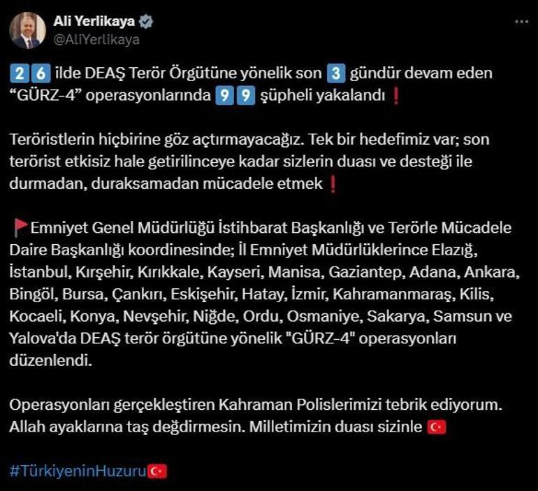 26 ilde DEAŞa Gürz-4 operasyonu