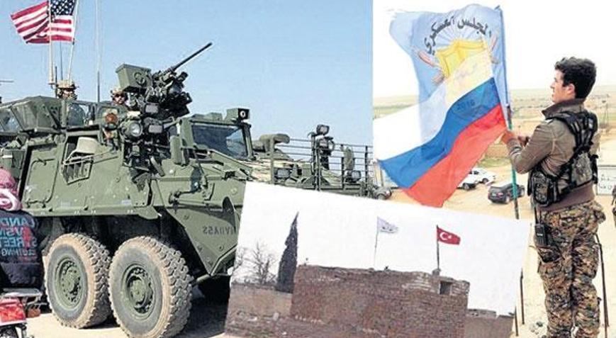 Münbiçte bayrak savaşı ABD, Rusya ve Türk bayrakları...