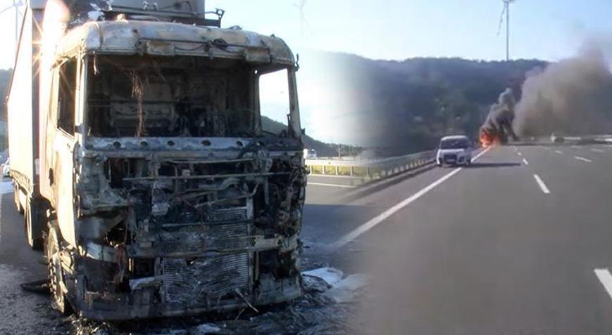 Kuzey Marmara Otoyolunda seyir halindeki TIRda yangın çıktı