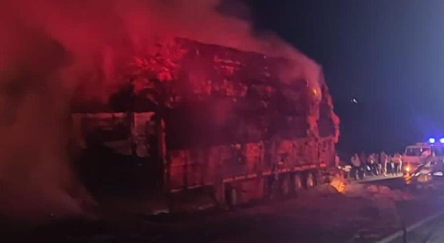 Zeytinlik alanda çıkan yangın TIRı alev alev yaktı