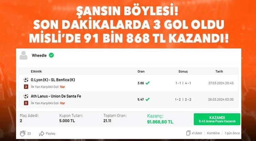 Şansın böylesi Son dakikalarda 3 gol oldu, Misli’de 91 bin 868 TL kazandı