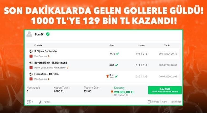 Son dakikalarda gelen gollerle güldü, 1000 TLye 129 bin TL kazandı