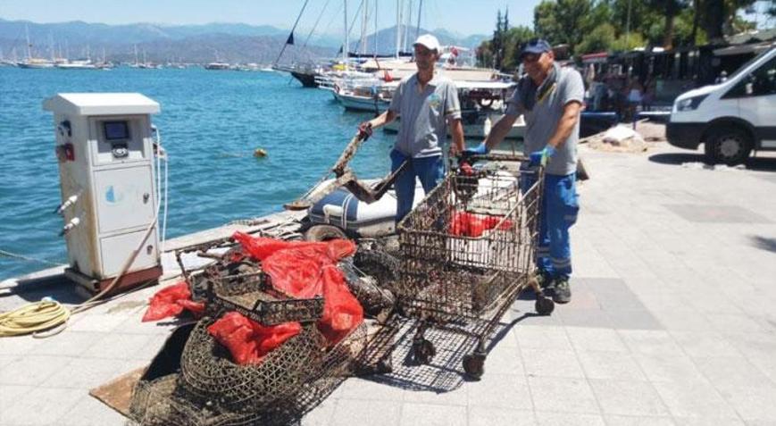 Gönüllü dalgıçlar Fethiyede deniz temizledi: Market arabası çıktı