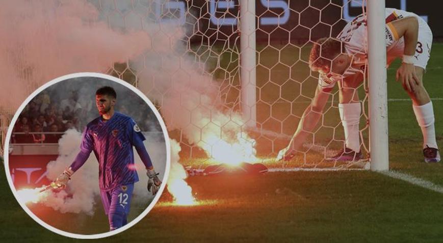 Hatayspor - Galatasaray maçında korku dolu anlar Sahaya yabancı madde yağdı