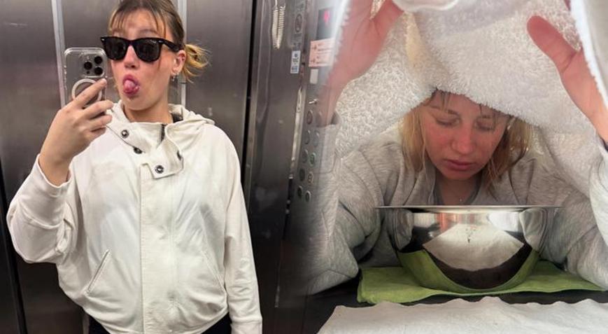 Gizem Karacadan karnı burnunda pozlar Yazarken alttan tekmelerle telefonumu oynatıyor