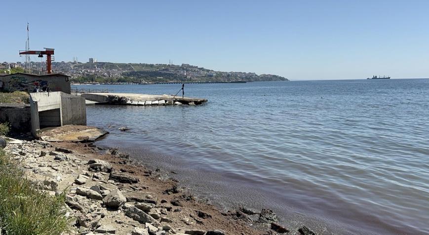 Tekirdağda kuvvetli rüzgar sonrası sahil kırmızı yosunlarla kaplandı