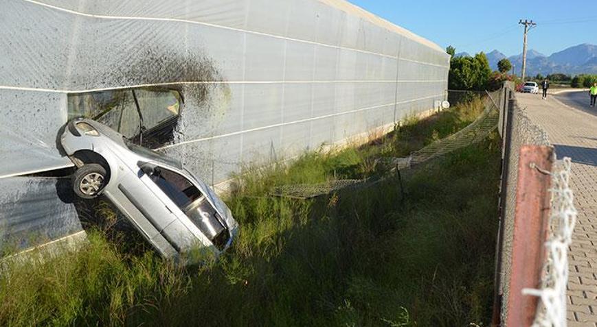 Antalyada otomobil yoldan çıktı, muz serasına çarptı