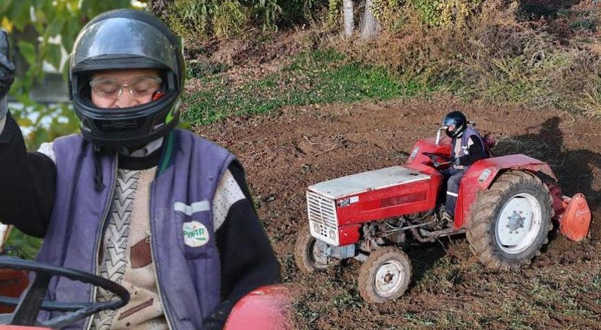 Traktörüne binip kaskını, eldivenini ve gözlüğünü taktı İşleri artık böyle yapacağız