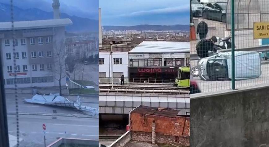 Şiddetli rüzgar hayatı felç etti: Çatı ve tabela uçtu, araç devrildi