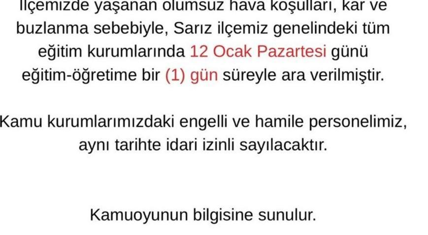 Kayseri’de 2 ilçede okullar tatil edildi