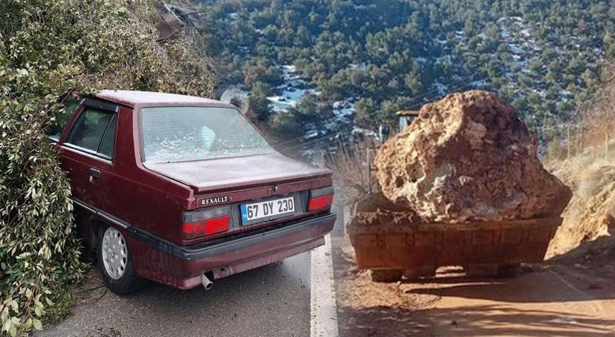 İki kentte heyelan dehşeti Kaya parçası otomobilin üzerine düştü
