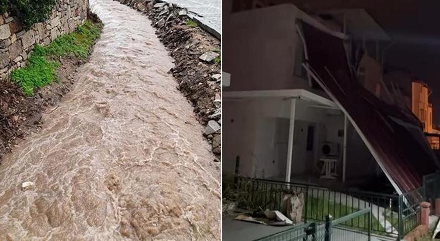 Ege, fırtına ve sağanağa teslim oldu: Dereler taştı, çatılar uçtu
