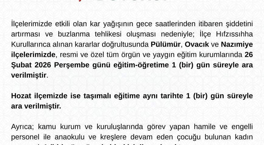 Tuncelide 4 ilçede eğitime kar engeli