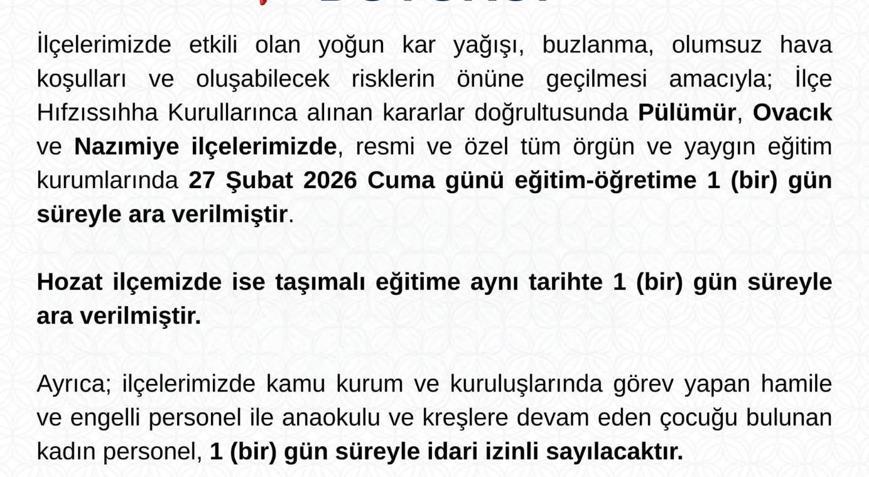 Tunceli’de 4 ilçede eğitime ‘kar’ nedeniyle 1 gün ara