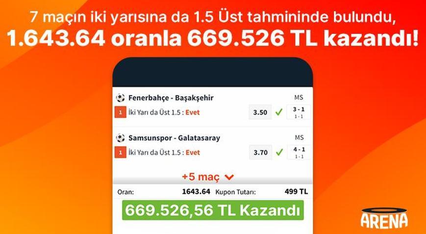 7 maçın iki yarısına da 1.5 Üst tahmininde bulundu, 1.643.64 oranla 669.526 TL kazandı