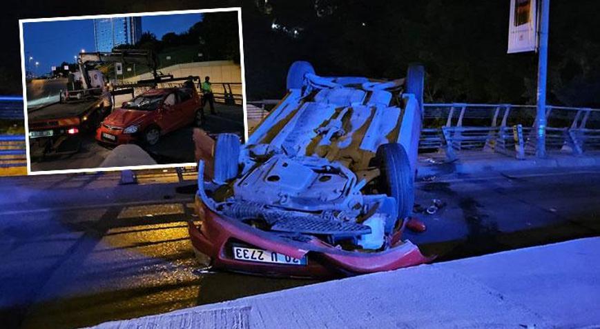 İstanbulda feci kaza Kaldırıma çarpan otomobil ters döndü