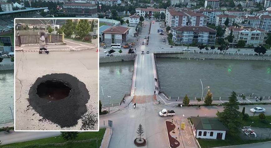 Amasyada facianın eşiğinden dönüldü Köprü girişinde çökme oluştu