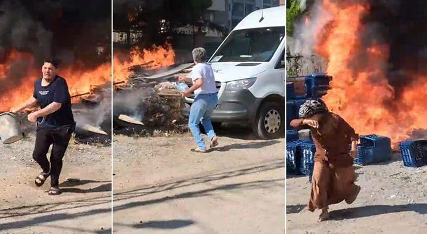 Adanada korku dolu anlar Otluk alanda çıkan yangın için mahalleli seferber oldu