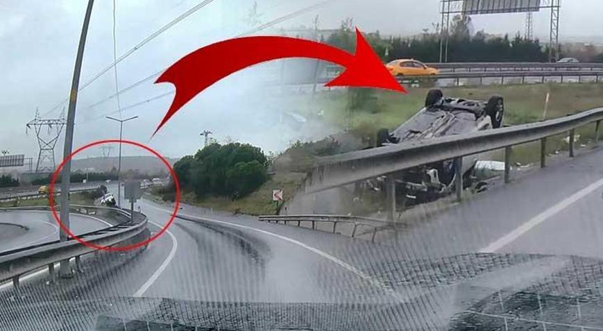 İstanbul Göktürk’te virajı alamayan aracın takla attığı anlar kamerada
