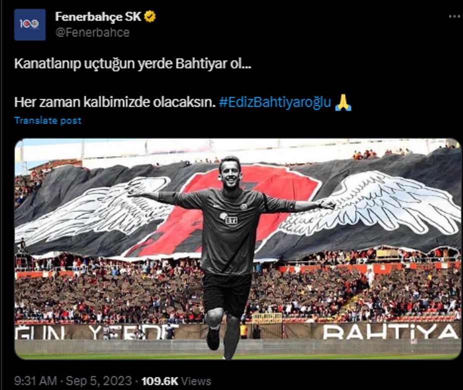 Fenerbahçe, Ediz Bahtiyaroğlunu unutmadı: Kanatlanıp uçtuğun yerde, Bahtiyar ol